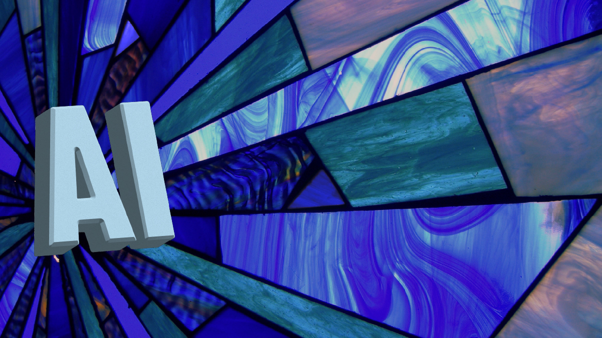 the letters "AI" overlayed on stained glass