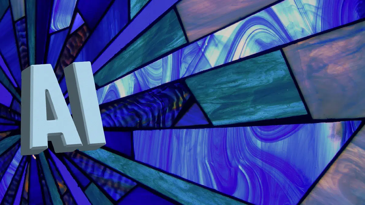 the letters "AI" overlayed on stained glass